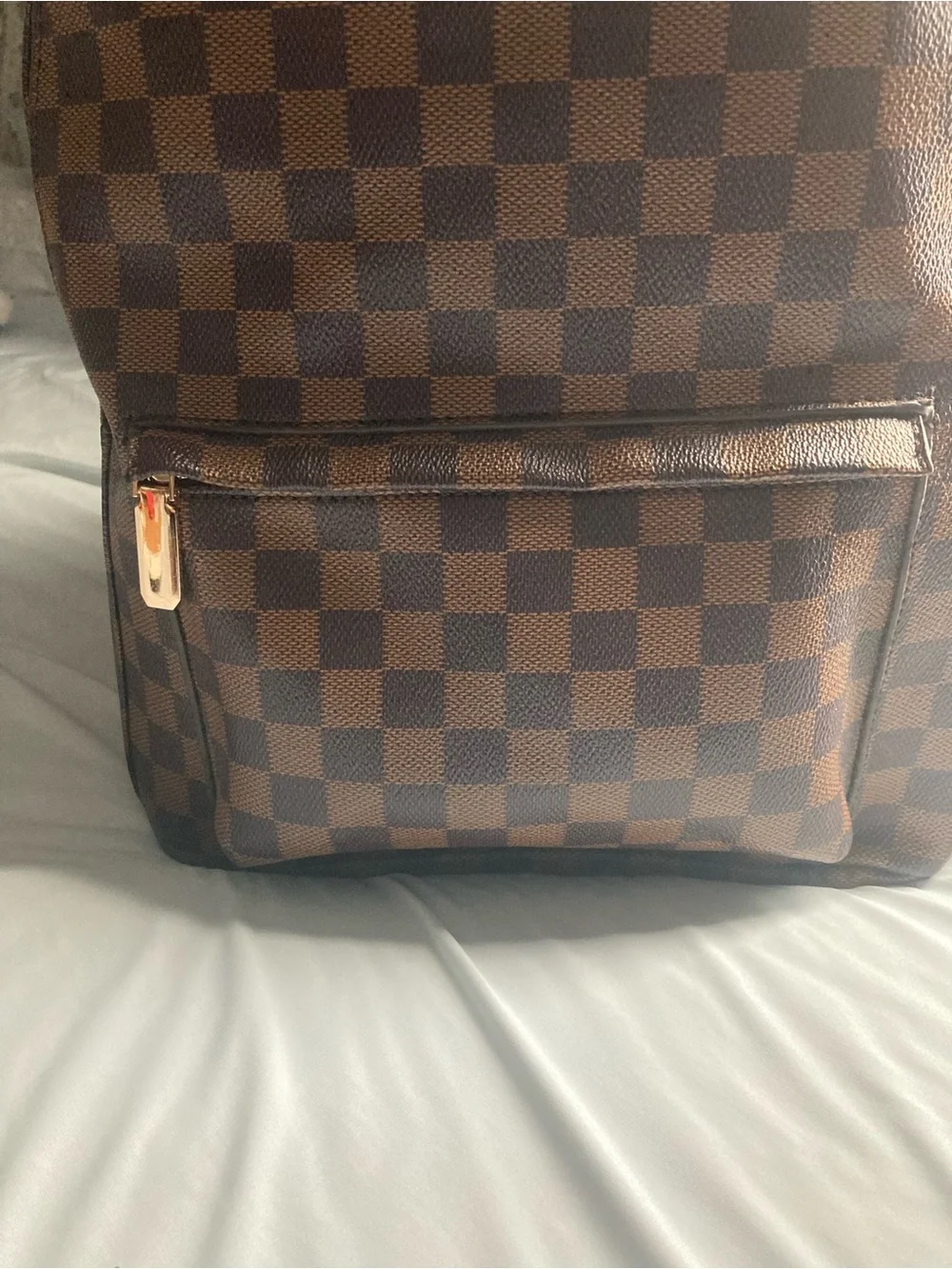 Women's Brown Checkered Backpack with Gold Hardware